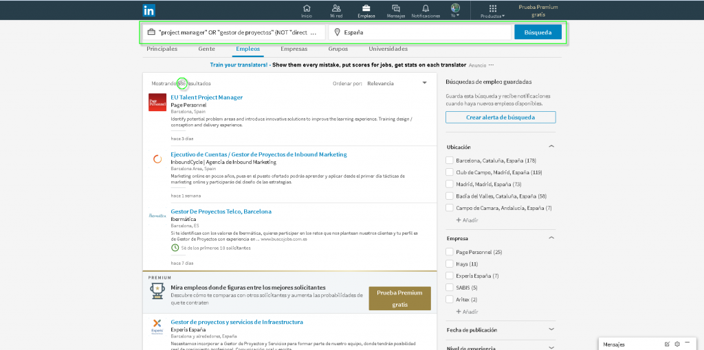 Screenshot filtro project manager LinkedIN